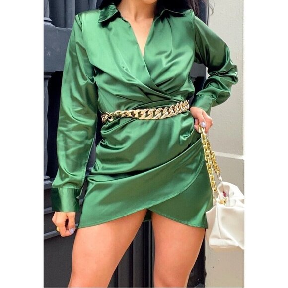 Cider Dresses & Skirts - Cider Satin Faux Wrap Mini Dress Short Size‎ S Green L/S V-Neck Ruched Party NWT